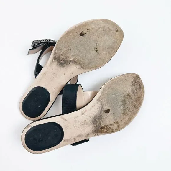 GUCCI Dionysus Black Sandal 38.5 US 8.5 Flat Flip Flop Leather T-Strap Flat GG - Picture 10 of 11